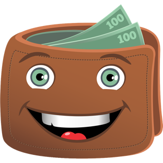 The PartyWallet mascot, a smiling wallet